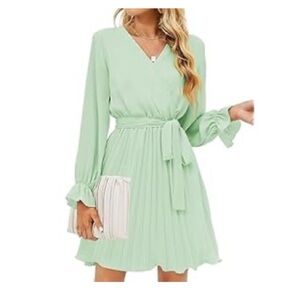 Summer Wedding Guest Dress Long Puff Sleeve V Neck Pleated Ruffle Dress